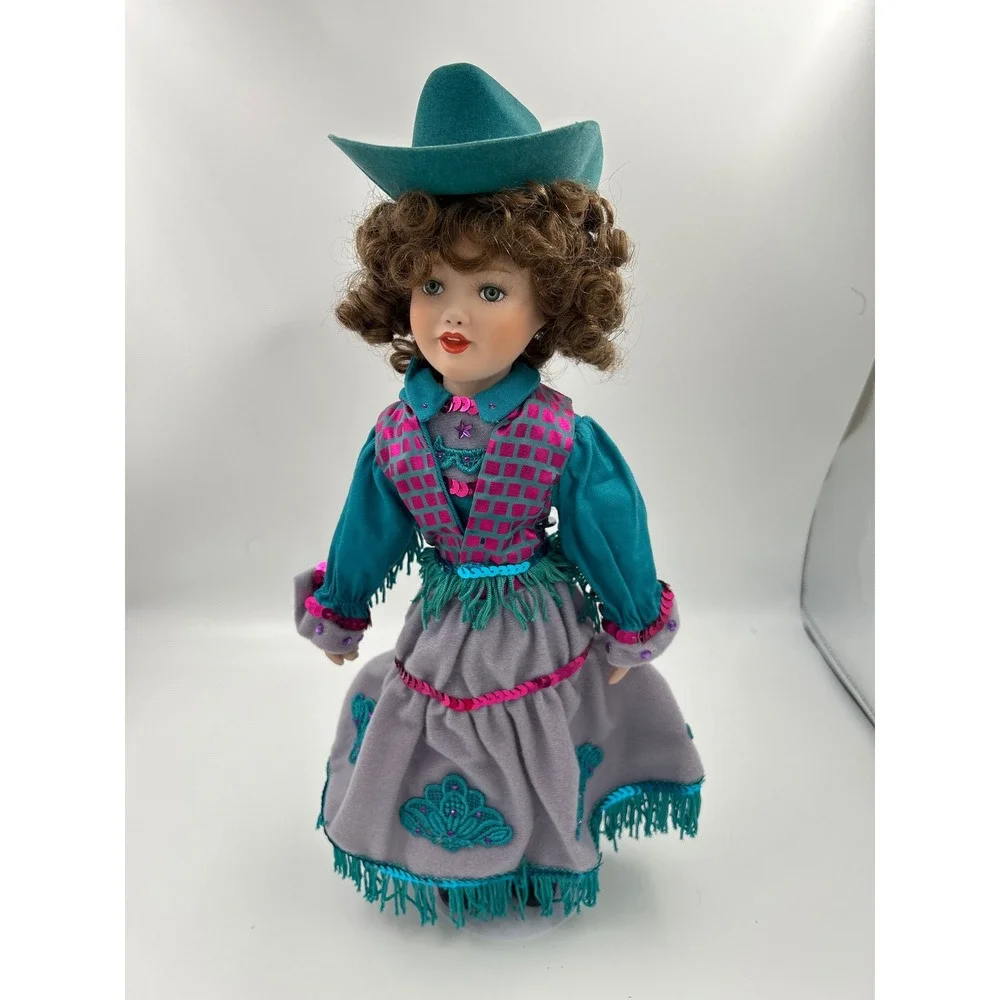 Vintage Porcelain Cowgirl Doll Teal Western Outfit Fringed Skirt with Stand